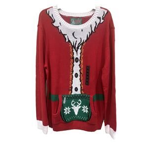 Ugly Christmas Sweater Mens Large Kitschy Santa Suit Pouch Holiday Pullover Knit